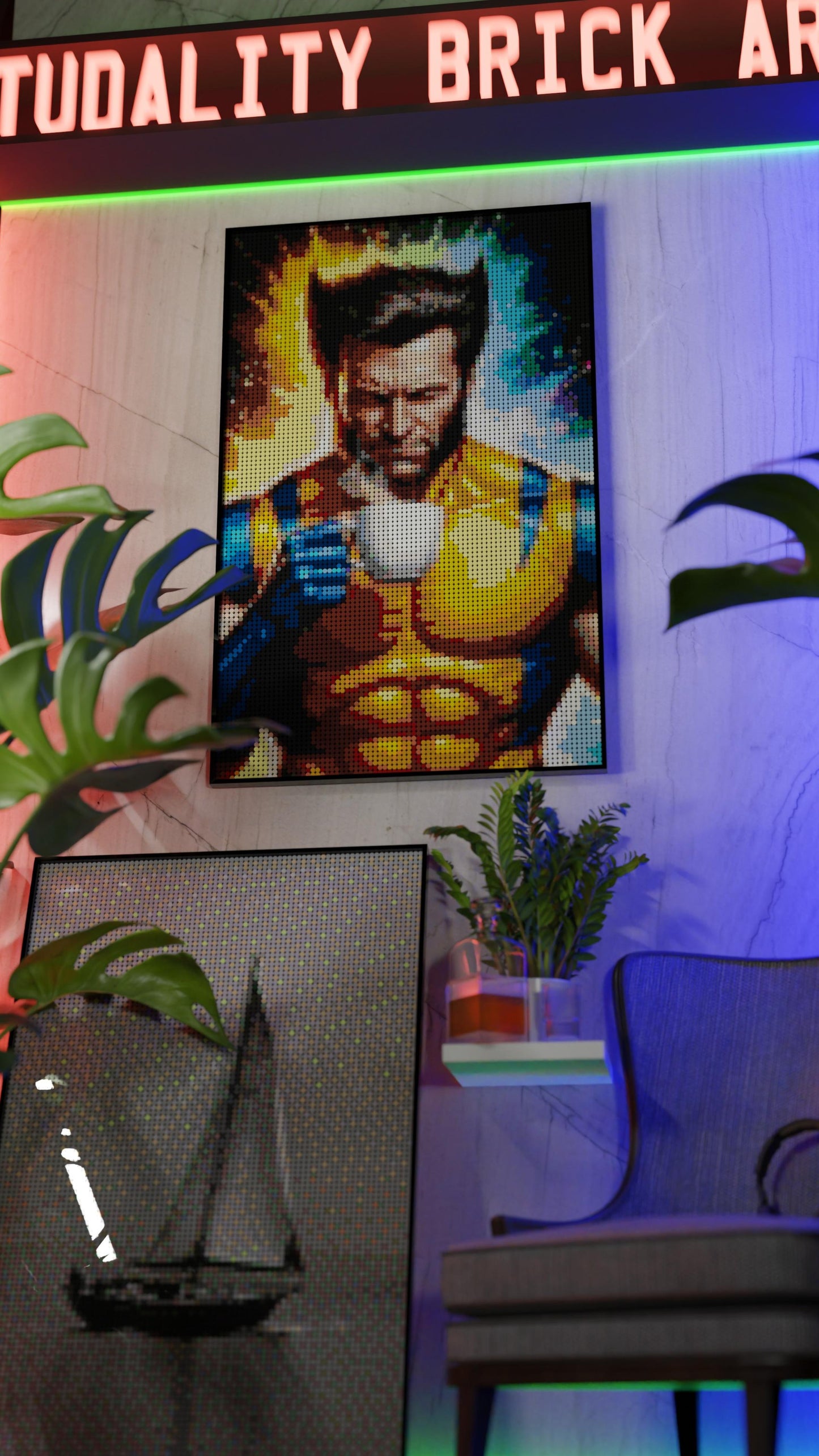 Wolverine LEGO® Style mosaic wall art made from colorful plastic bricks