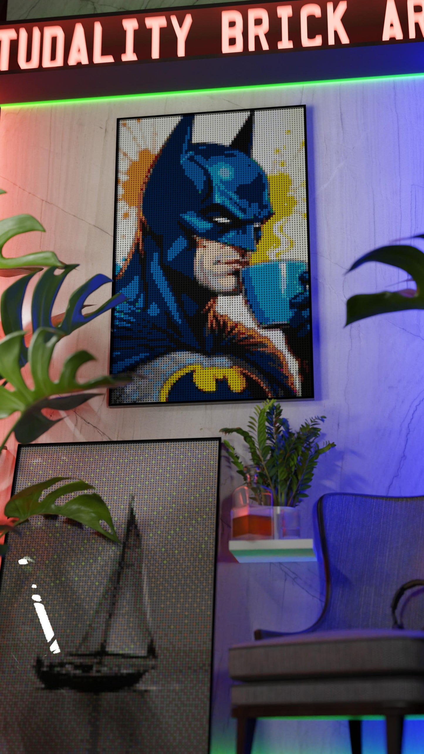 Batman LEGO® Style mosaic wall art made from colorful plastic bricks