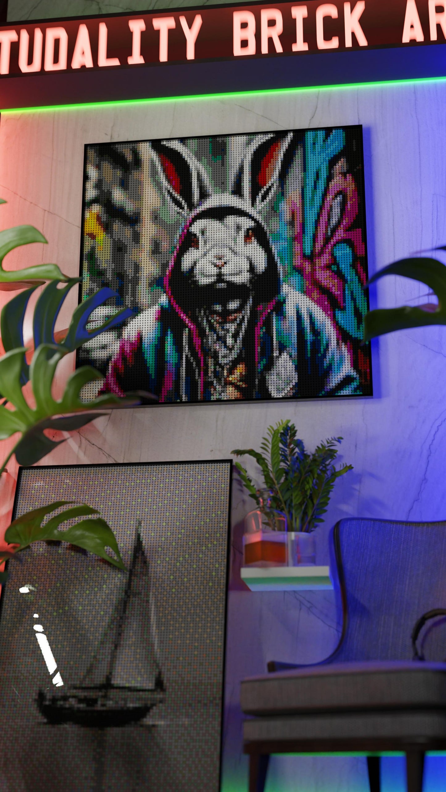 Thugsy Malone LEGO® Style mosaic wall art made from colorful plastic bricks