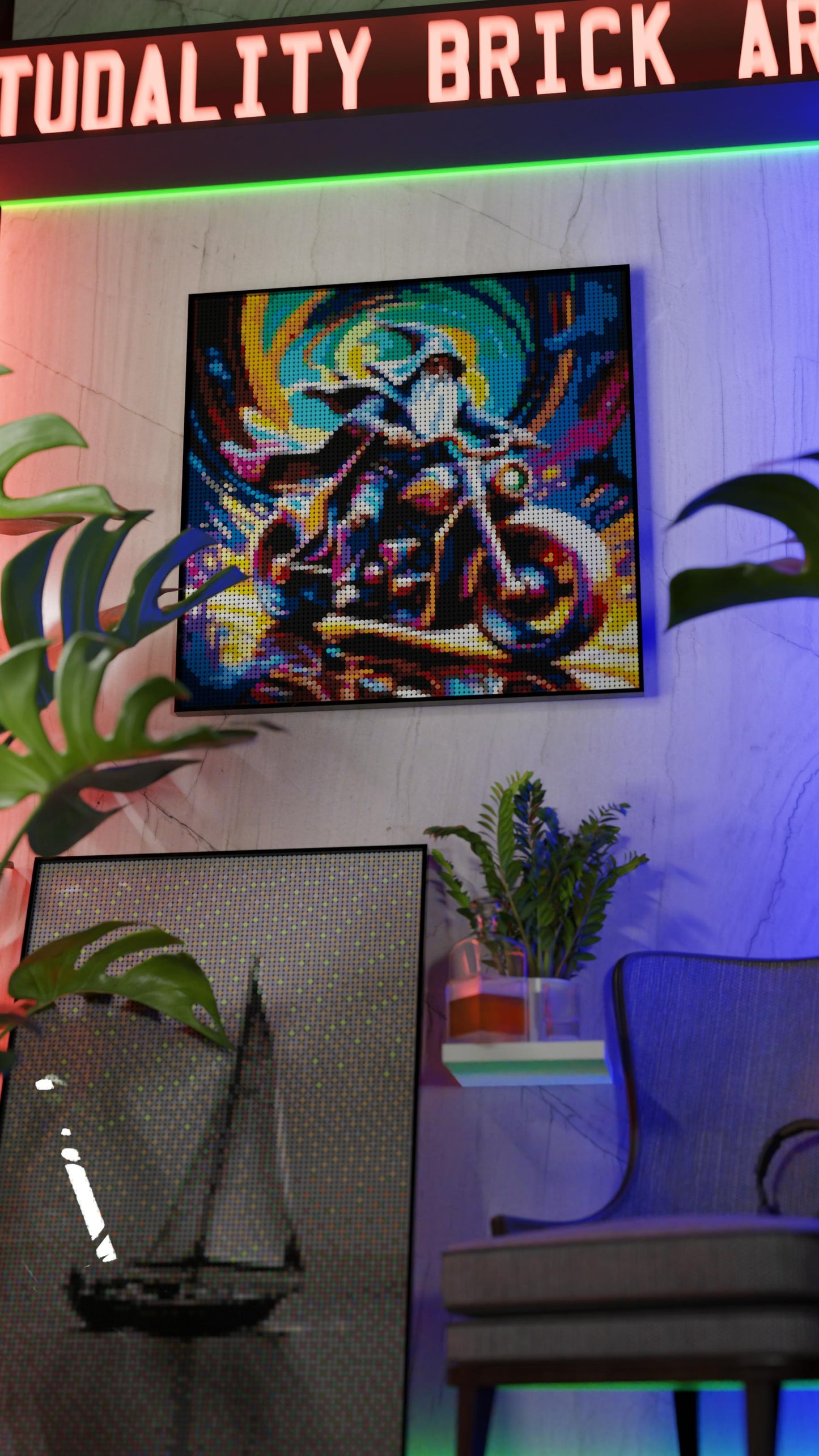 The Rune Roadster LEGO® Style mosaic wall art made from colorful plastic bricks