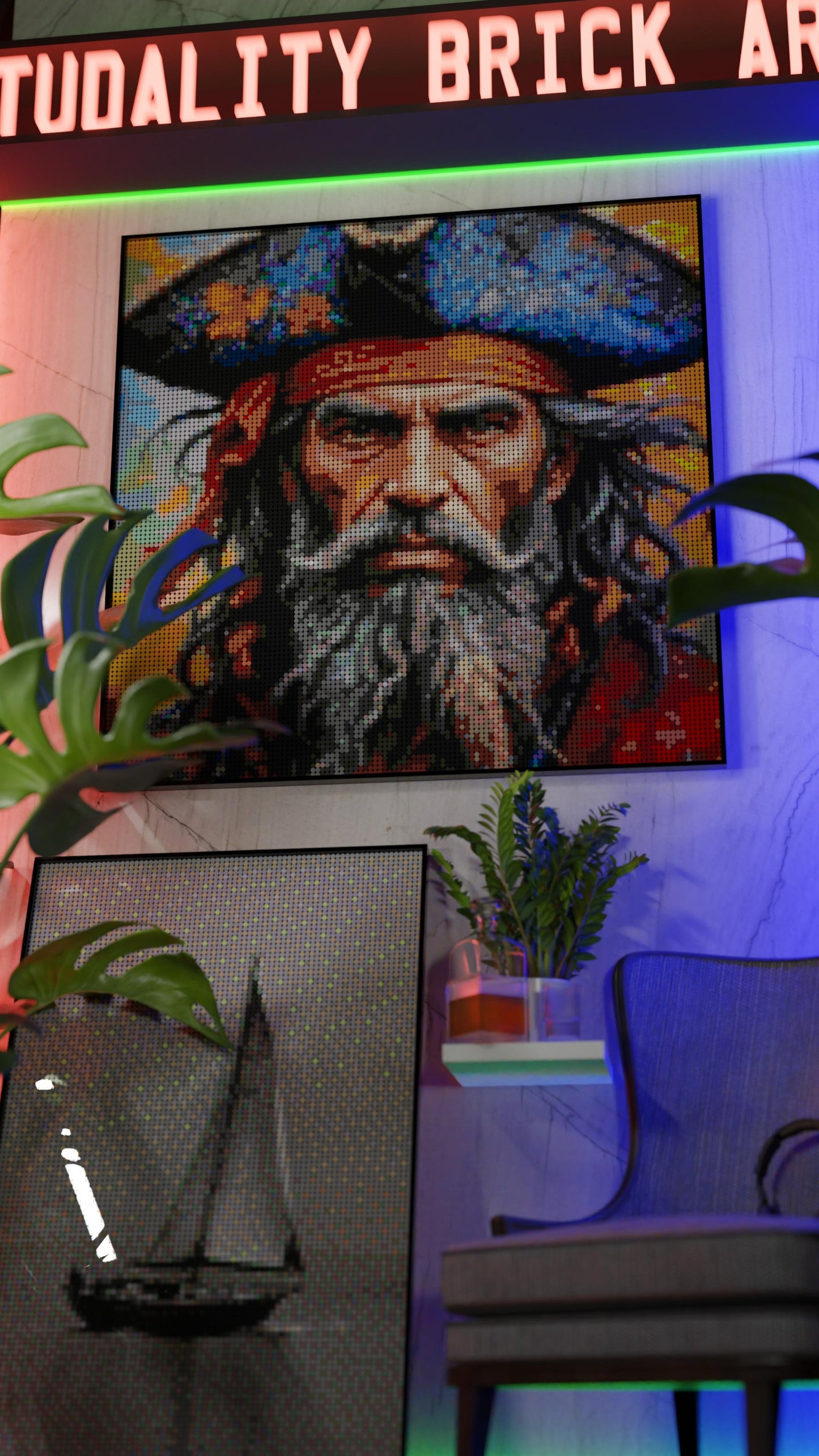 Weathered Mariner LEGO® Style mosaic wall art made from colorful plastic bricks