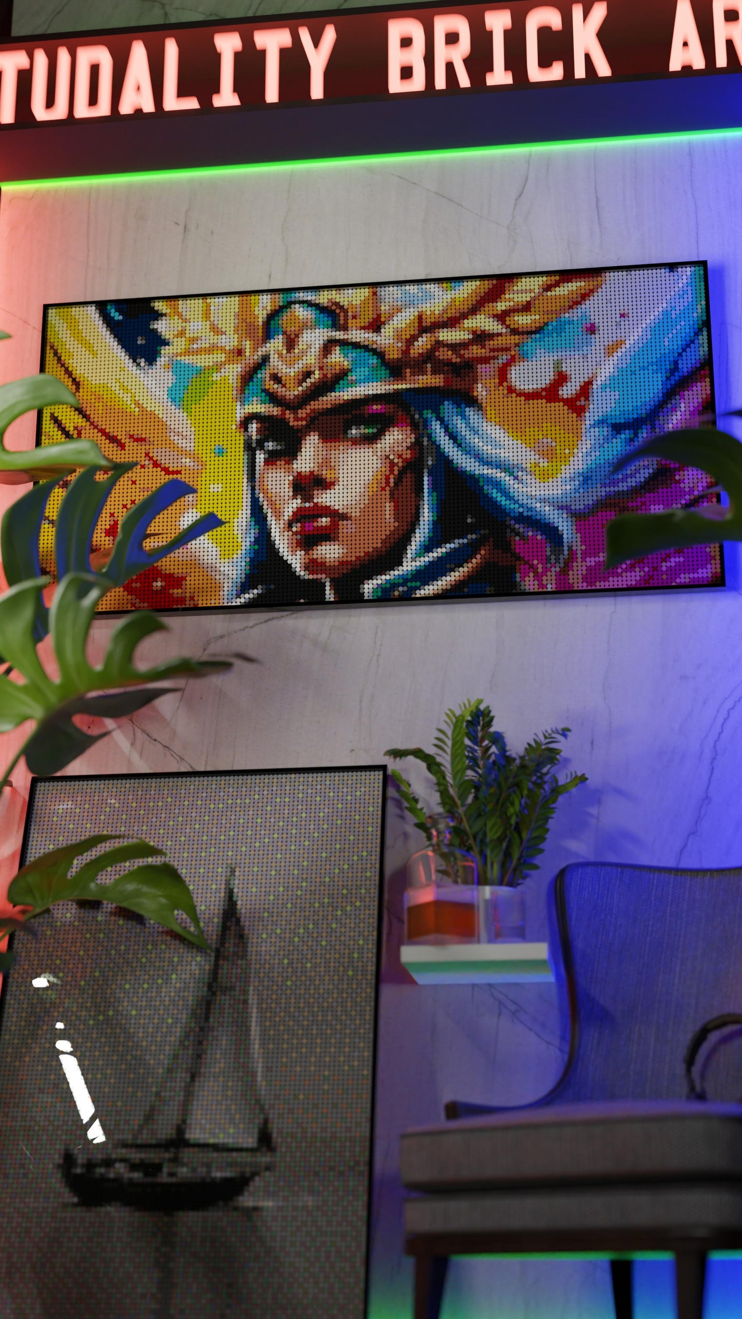 Valkyrie Vibrance LEGO® Style mosaic wall art made from colorful plastic bricks