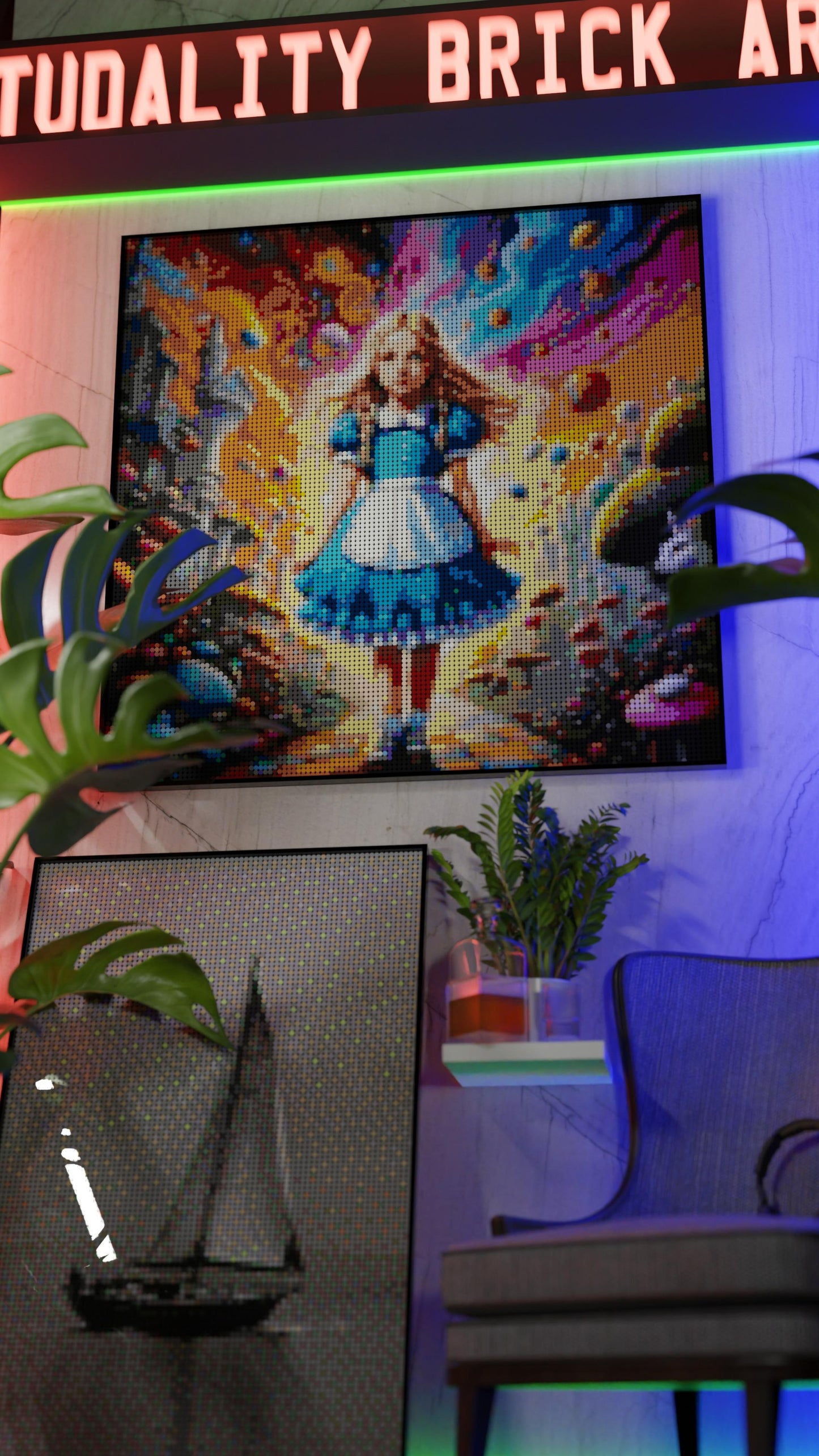 Alice in Wonderland LEGO® Style mosaic wall art made from colorful plastic bricks