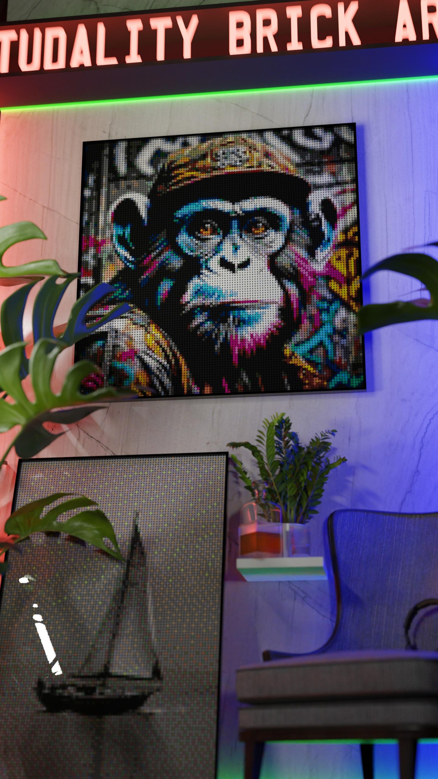 Ape Hop Movement LEGO® Style mosaic wall art made from colorful plastic bricks