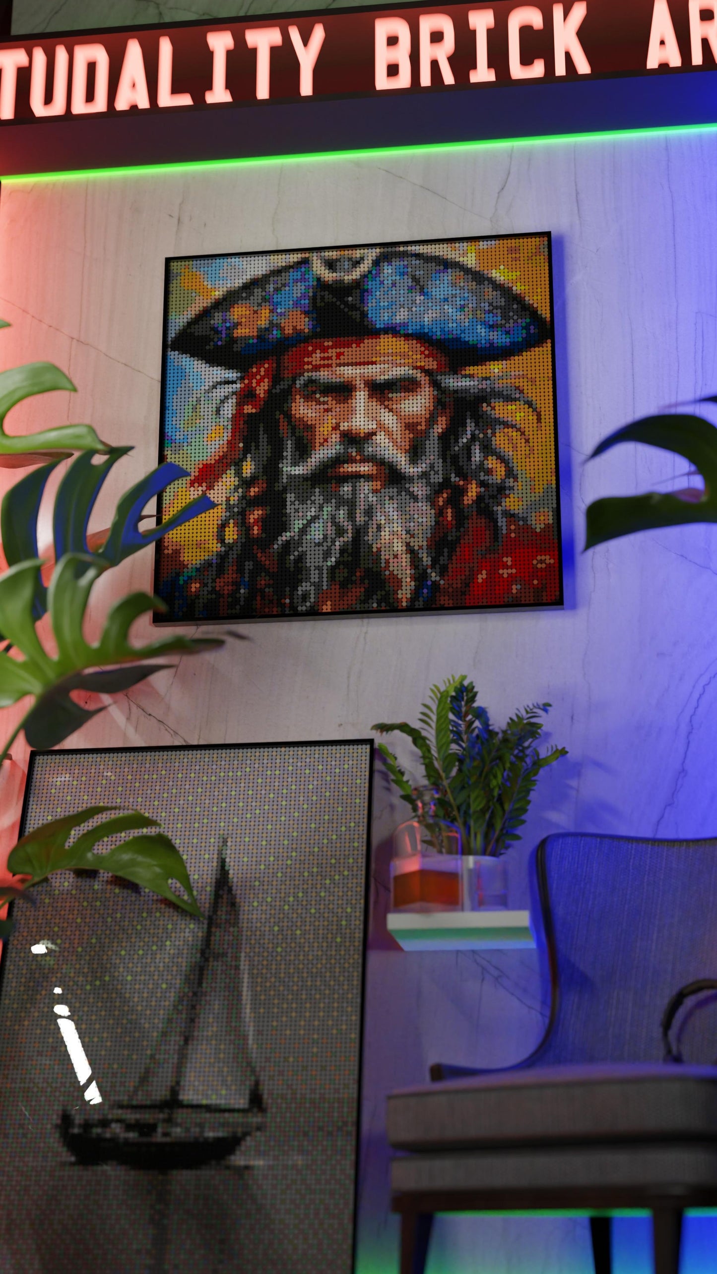 Weathered Mariner LEGO® Style mosaic wall art made from colorful plastic bricks