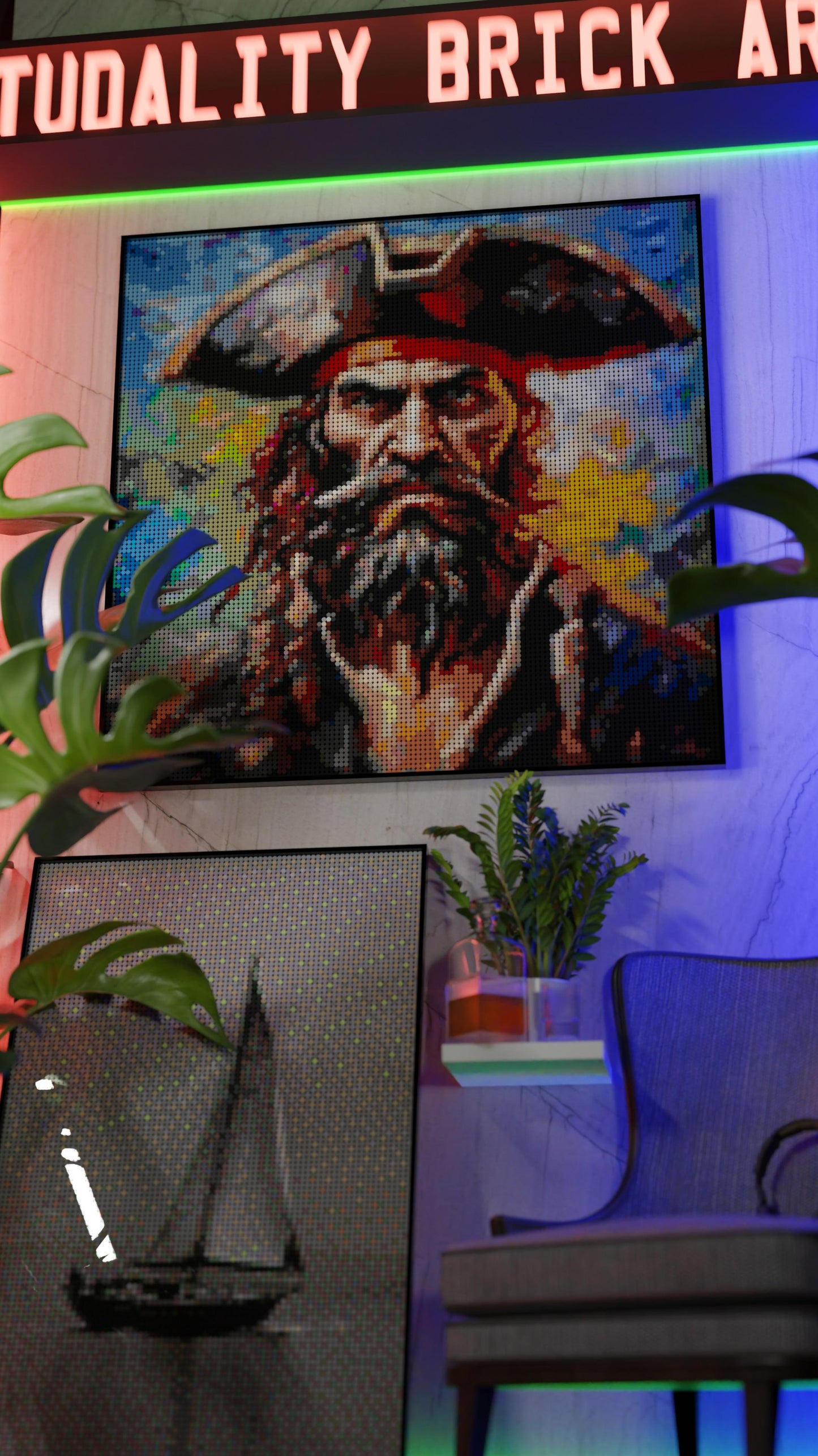 Captain Dreadheart LEGO® Style mosaic wall art made from colorful plastic bricks