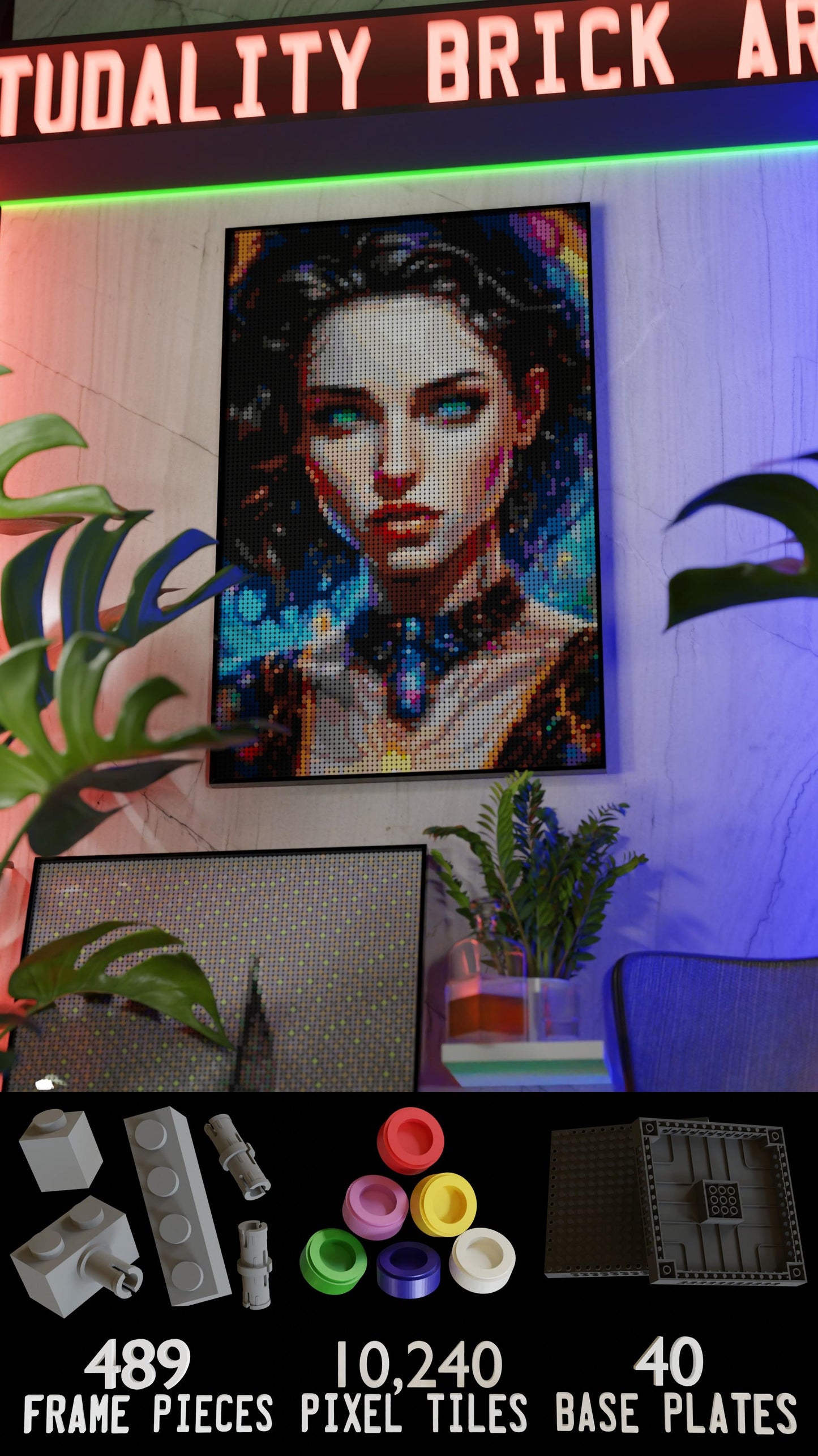 Temporal Ravette LEGO® Style mosaic wall art made from colorful plastic bricks