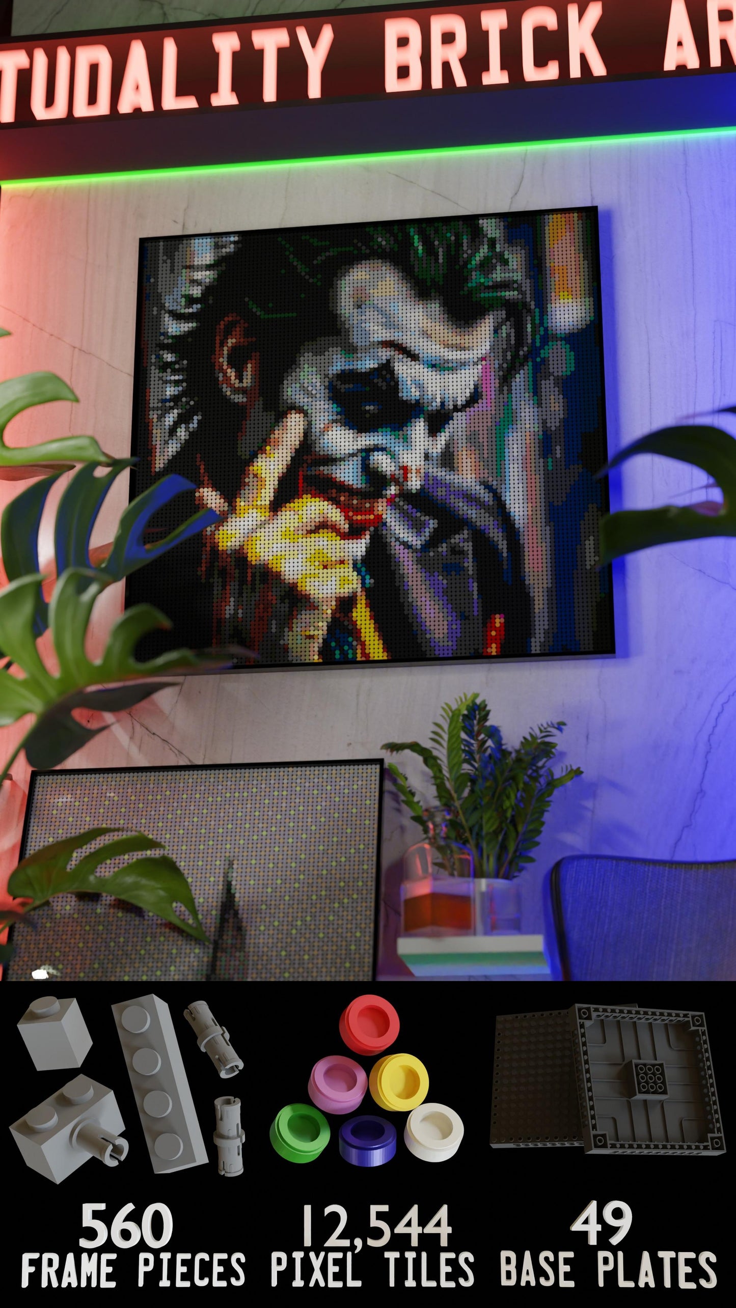 Tony Eats LEGO® Style mosaic wall art made from colorful plastic bricks