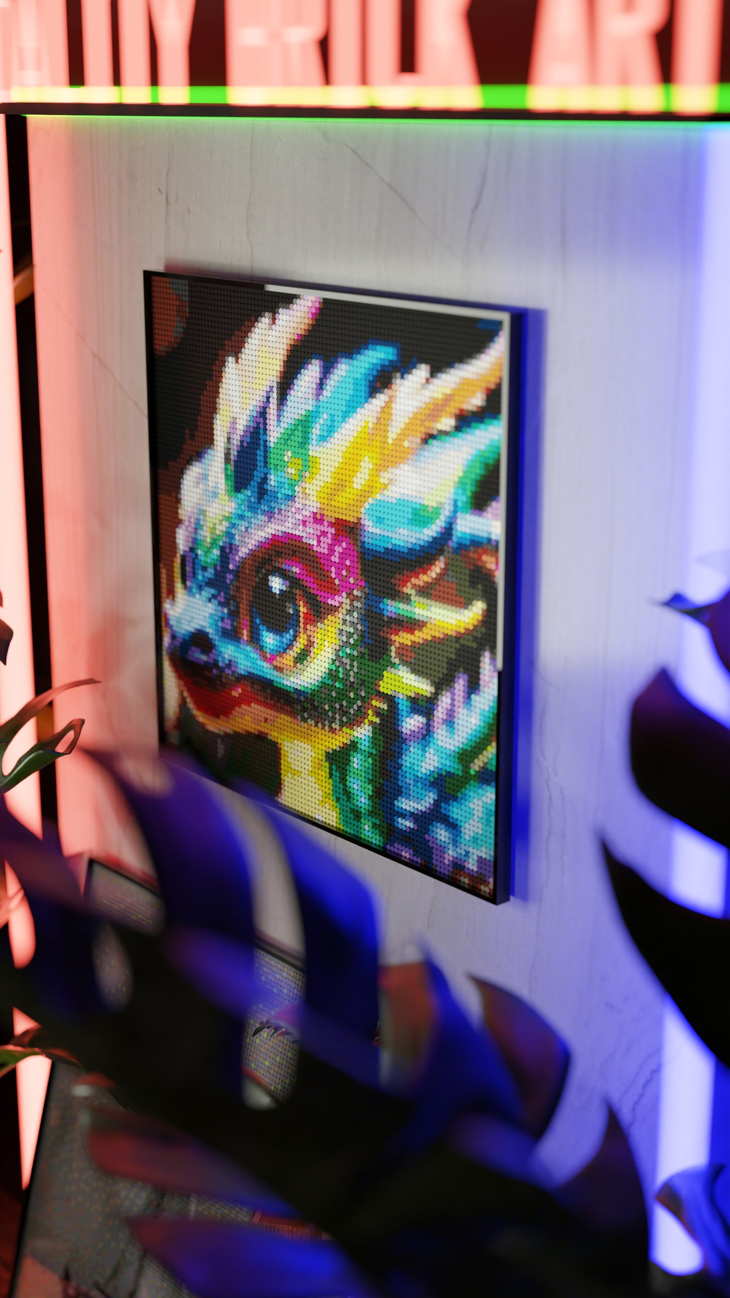 Neon Hatchling LEGO® Style mosaic wall art made from colorful plastic bricks