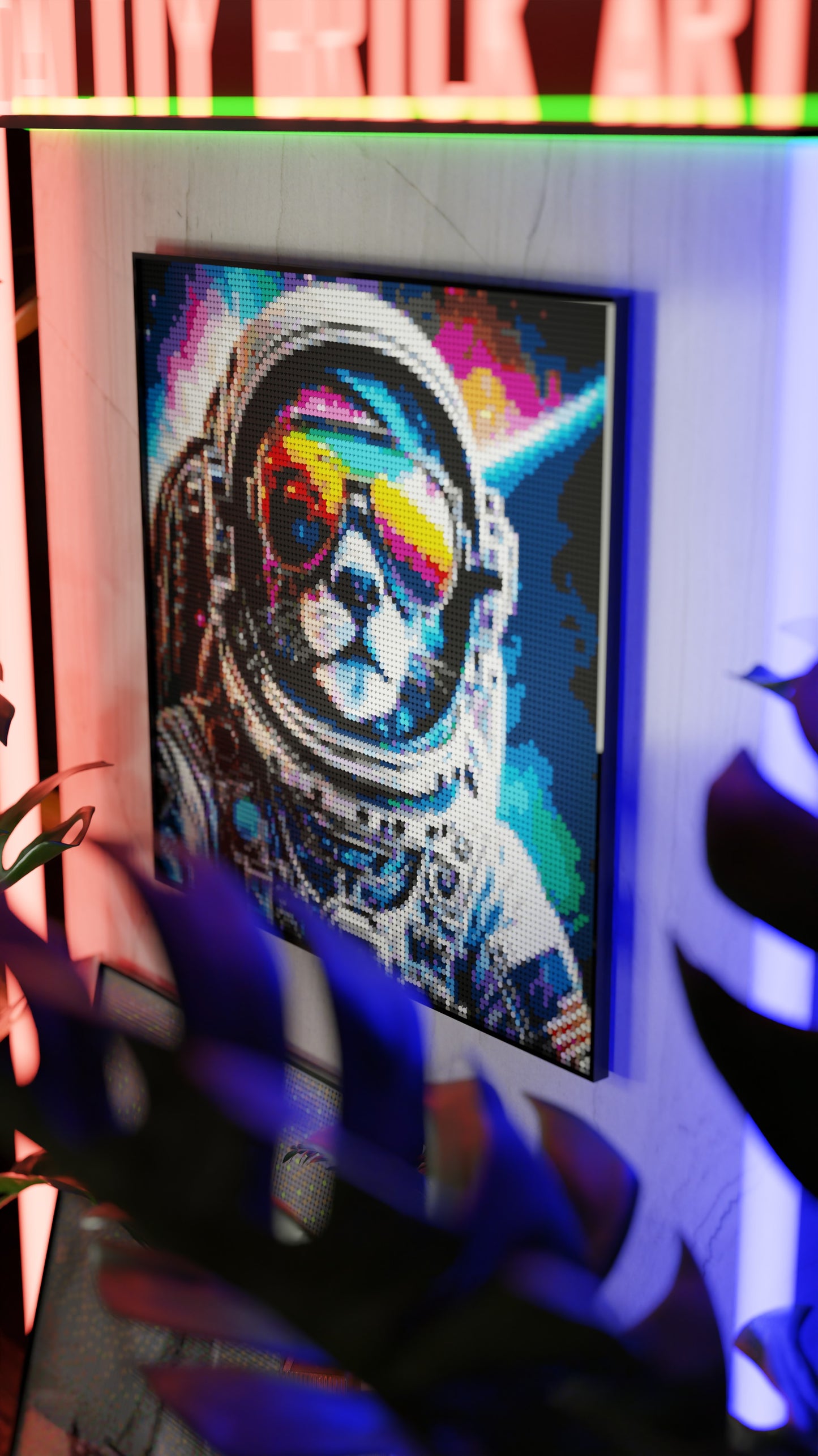 Purrsuit of Space LEGO® Style mosaic pixel art design for display
