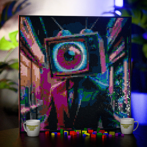 TV Eye Head made out of 9,700 LEGO-Compatible bricks on a table with stylish luxury studio background.