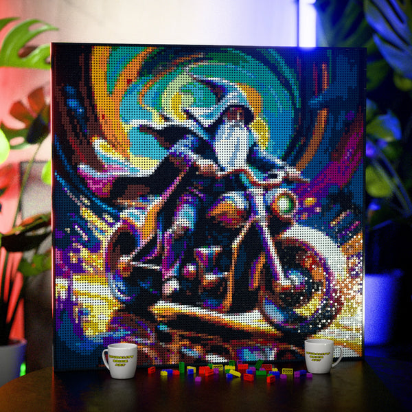 Wizard on a motorbike made out of 17,132 LEGO-Compatible bricks on a table with stylish luxury studio background.