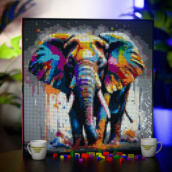 African Elephant made out of 9,700 LEGO-Compatible bricks on a table with stylish luxury studio background.