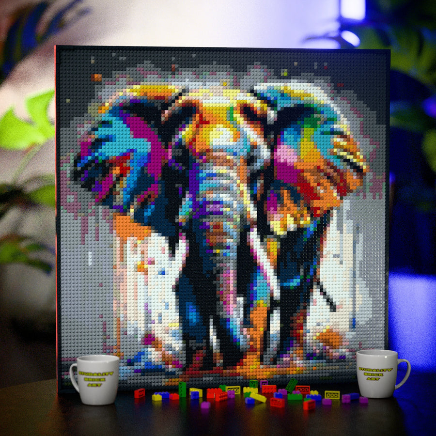 African Elephant made out of 9,700 LEGO-Compatible bricks on a table with stylish luxury studio background, built with 1x1 square plates.
