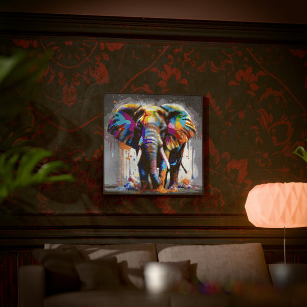 African Elephant made out of 9,700 LEGO-Compatible bricks on a luxurious home background.