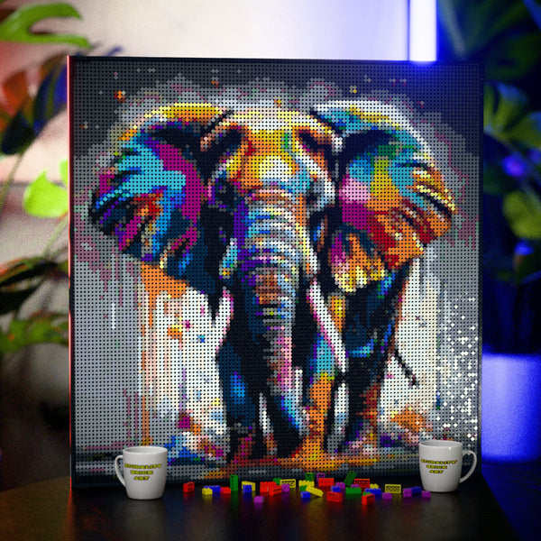 African Elephant made out of 13,153 LEGO-Compatible bricks on a table with stylish luxury studio background.