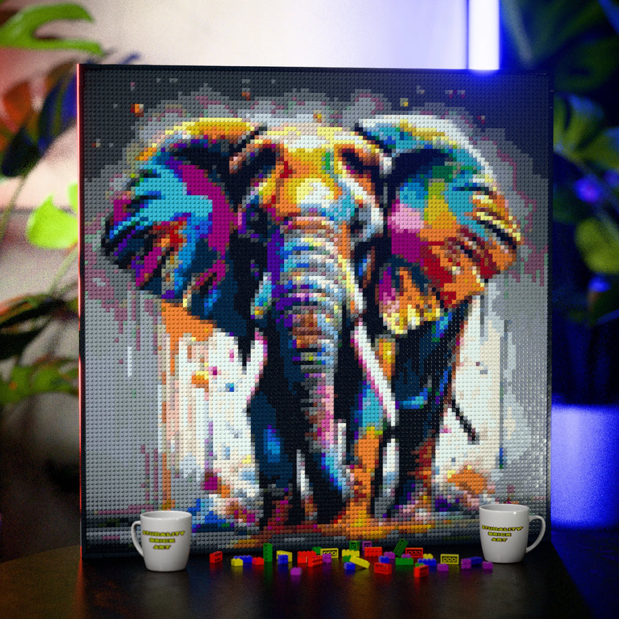 African Elephant made out of 13,153 LEGO-Compatible bricks on a table with stylish luxury studio background, built with 1x1 square plates.