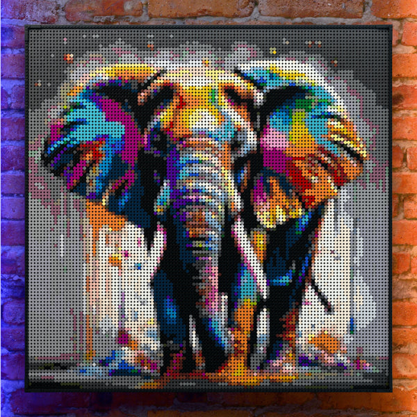 African Elephant made out of 13,153 LEGO-Compatible bricks on a real red-brick wall background with good lighting.