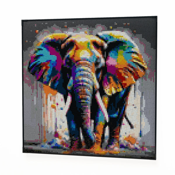 African Elephant made out of 13,153 LEGO-Compatible bricks on a white clean background.