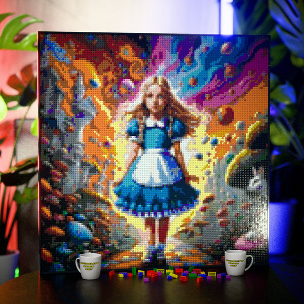 Alice in Wonderland made out of 17,132 LEGO-Compatible bricks on a table with stylish luxury studio background, built with 1x1 square plates.