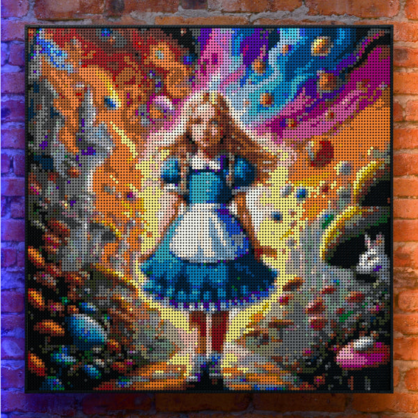Alice in Wonderland made out of 17,132 LEGO-Compatible bricks on a real red-brick wall background with good lighting.