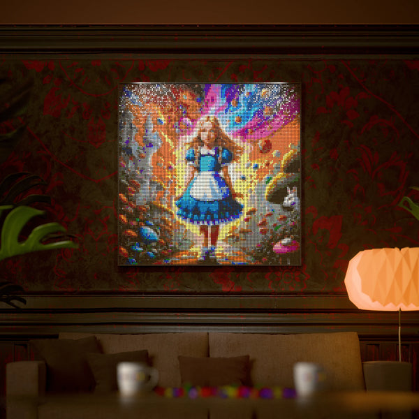 Alice in Wonderland made out of 17,132 LEGO-Compatible bricks on a luxurious home background.