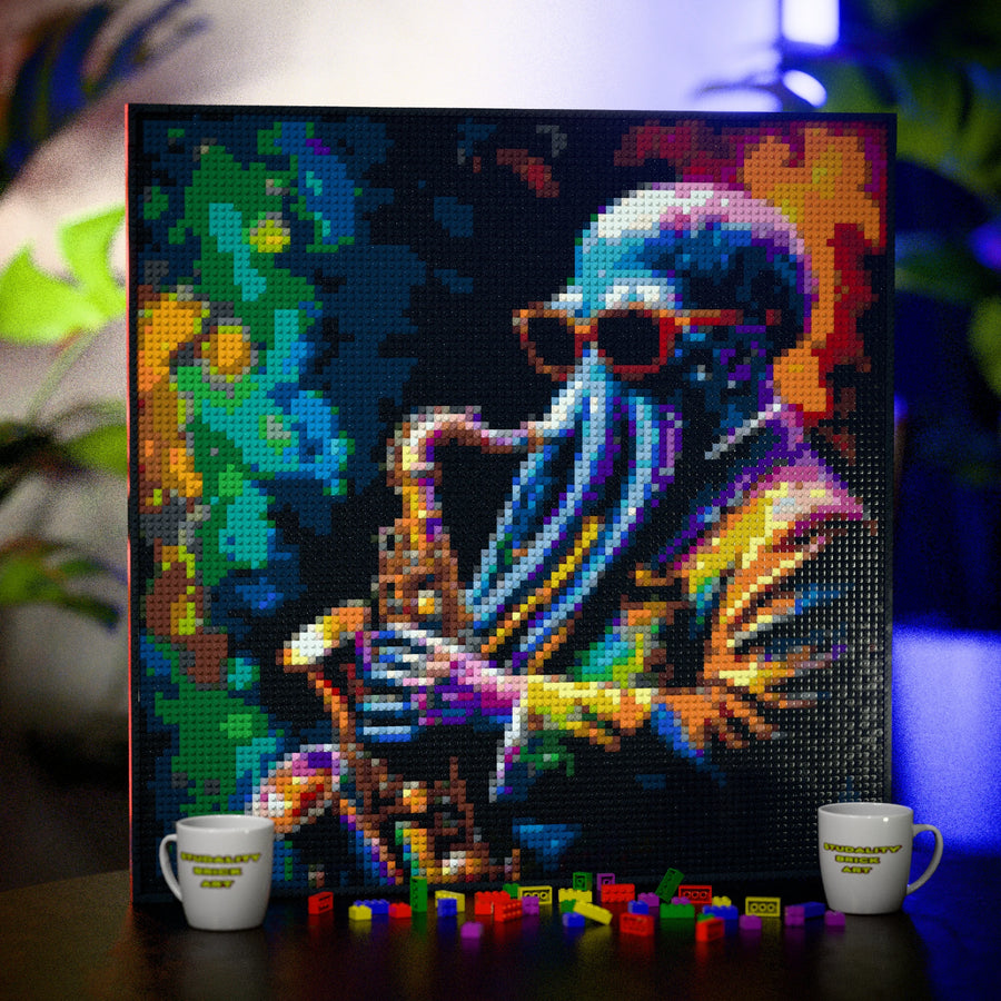 Alien Jazz bar made out of 9,700 LEGO-Compatible bricks on a table with stylish luxury studio background, built with 1x1 square plates.