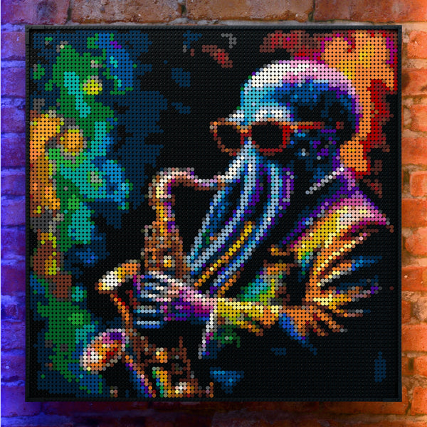 Alien Jazz bar made out of 9,700 LEGO-Compatible bricks on a real red-brick wall background with good lighting.