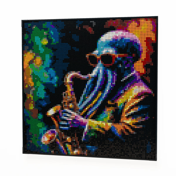 Alien Jazz bar made out of 9,700 LEGO-Compatible bricks on a white clean background.
