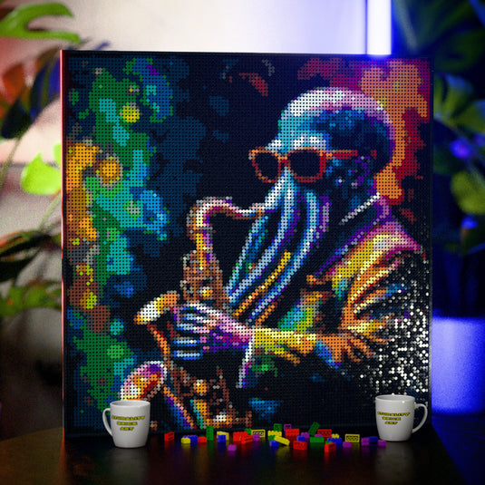 Alien Jazz bar made out of 13,153 LEGO-Compatible bricks on a table with stylish luxury studio background.