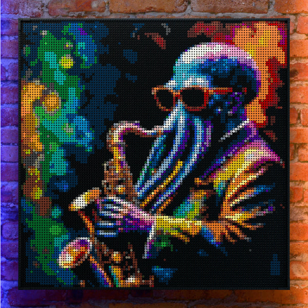 Alien Jazz bar made out of 13,153 LEGO-Compatible bricks on a real red-brick wall background with good lighting.