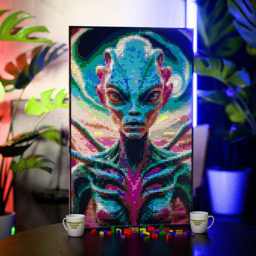 Alien on an alien world made out of 10,769 LEGO-Compatible bricks on a table with stylish luxury studio background, built with 1x1 square plates.