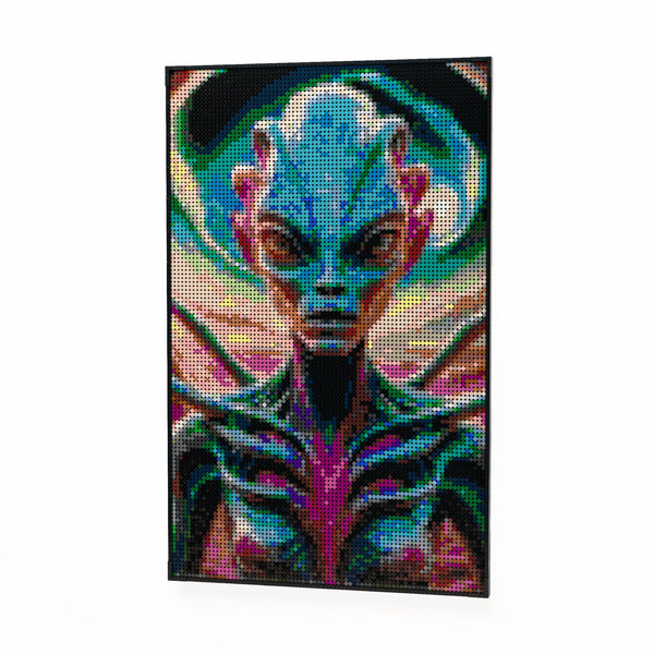 Alien on an alien world made out of 10,769 LEGO-Compatible bricks on a white clean background.