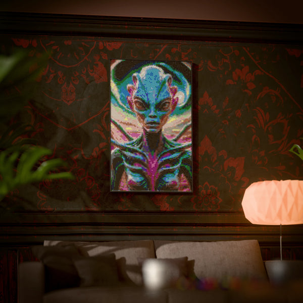 Alien on an alien world made out of 10,769 LEGO-Compatible bricks on a luxurious home background.
