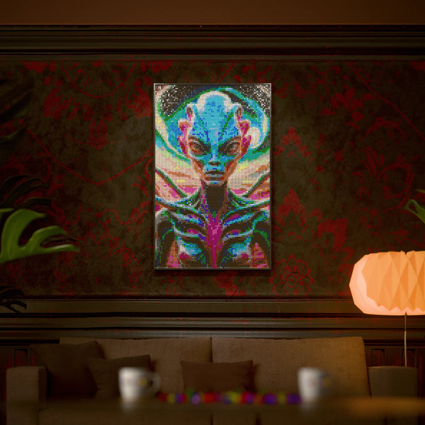 Alien on an alien world made out of 10,769 LEGO-Compatible bricks on a luxurious home background.