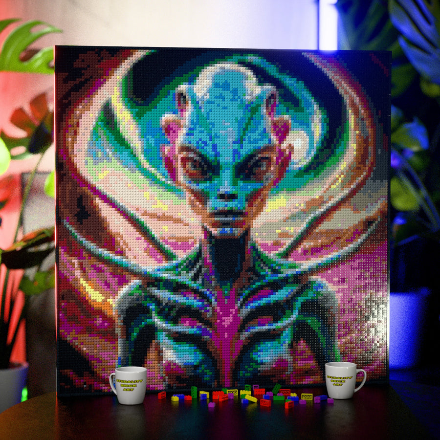 Alien on an alien world made out of 17,132 LEGO-Compatible bricks on a table with stylish luxury studio background, built with 1x1 square plates.