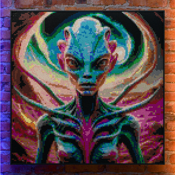 Alien on an alien world made out of 17,132 LEGO-Compatible bricks on a real red-brick wall background with good lighting.
