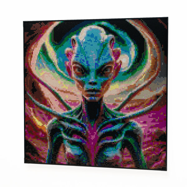 Alien on an alien world made out of 17,132 LEGO-Compatible bricks on a white clean background.