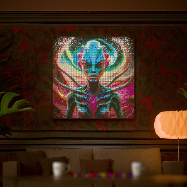Alien on an alien world made out of 17,132 LEGO-Compatible bricks on a luxurious home background.