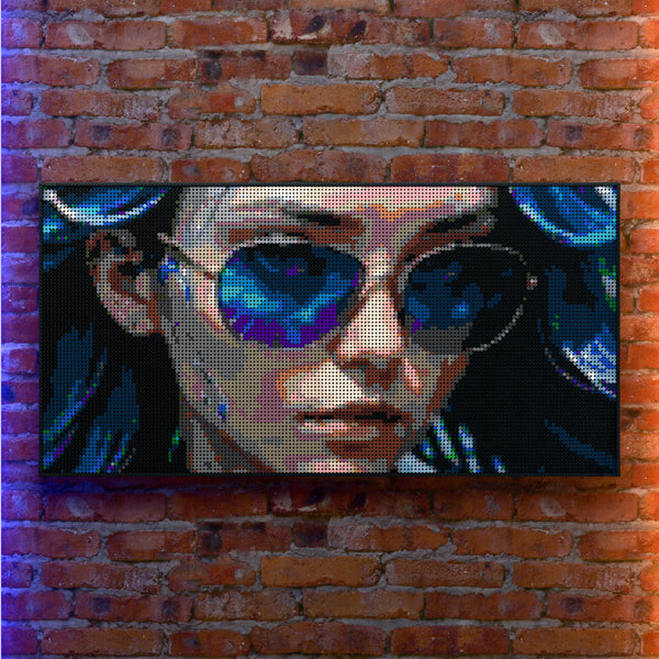 Anime Water Police Witch made out of 13,433 LEGO-Compatible bricks on a real red-brick wall background with good lighting.