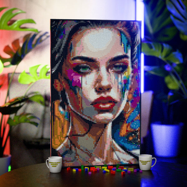 Artist Model Woman made out of 10,769 LEGO-Compatible bricks on a table with stylish luxury studio background.