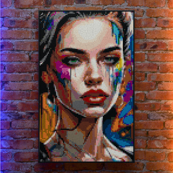 Artist Model Woman made out of 10,769 LEGO-Compatible bricks on a real red-brick wall background with good lighting.