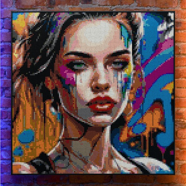 Artist Model Woman made out of 17,132 LEGO-Compatible bricks on a real red-brick wall background with good lighting.