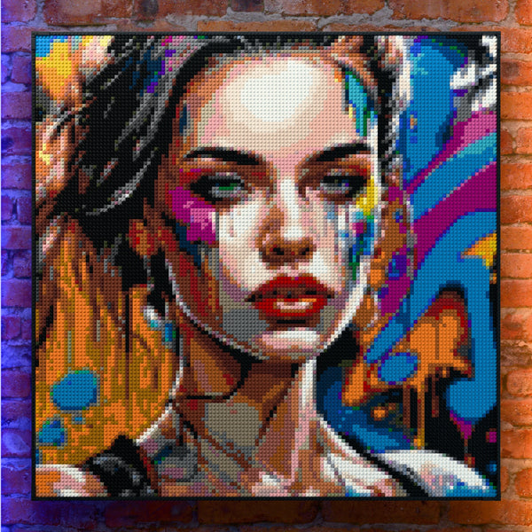 Artist Model Woman made out of 17,132 LEGO-Compatible bricks on a real red-brick wall background with good lighting, built with 1x1 square plates.