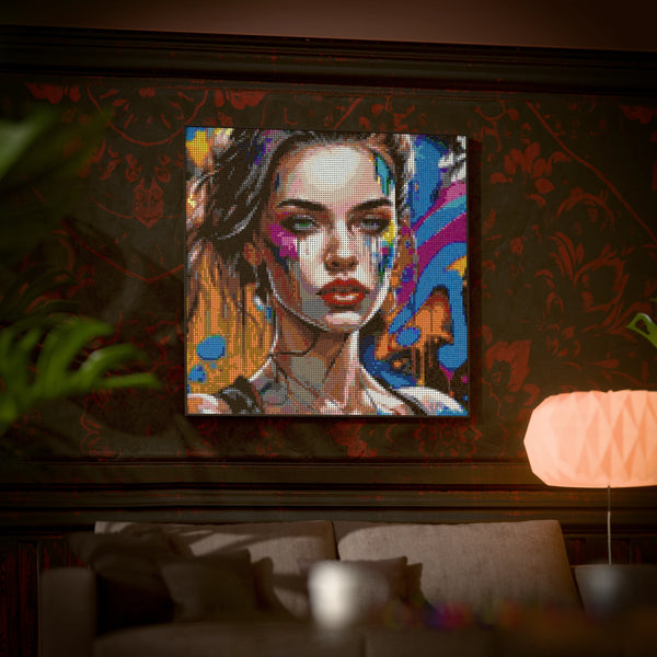Artist Model Woman made out of 17,132 LEGO-Compatible bricks on a luxurious home background.