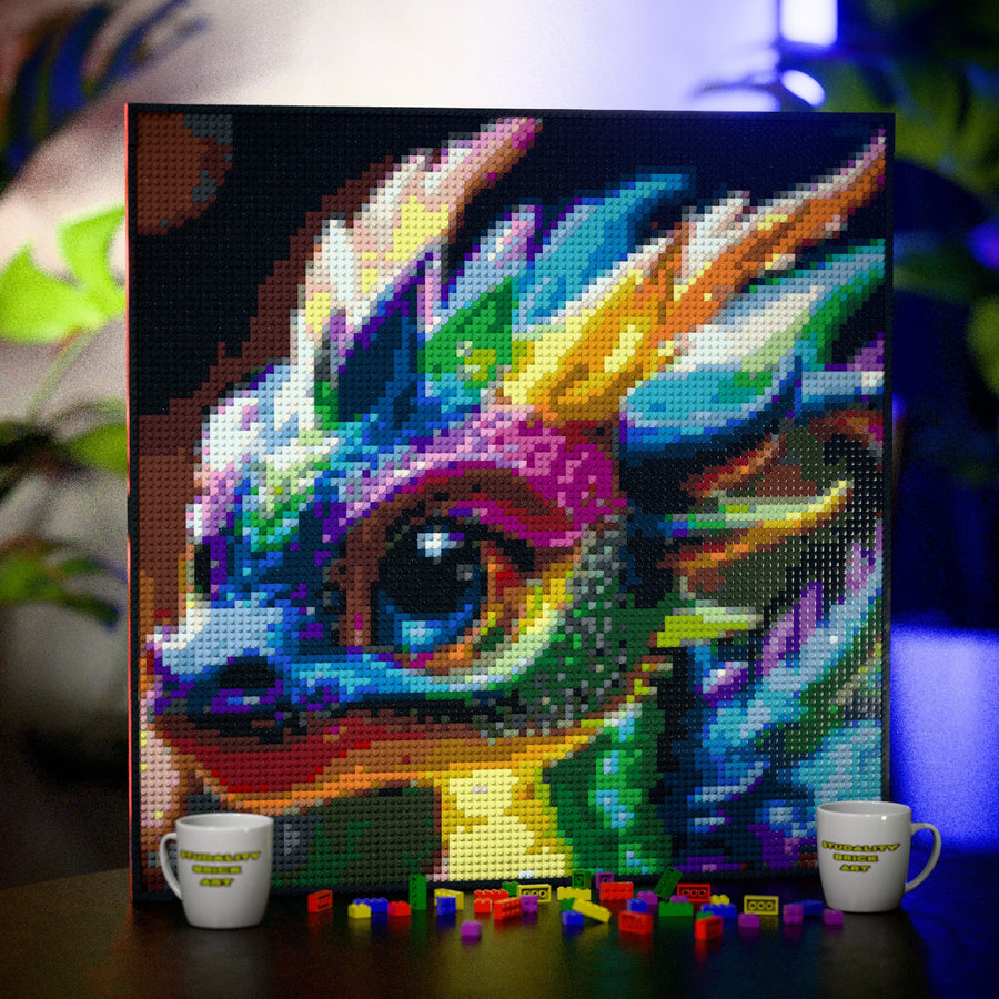 Baby Dragon made out of 9,700 LEGO-Compatible bricks on a table with stylish luxury studio background, built with 1x1 square plates.