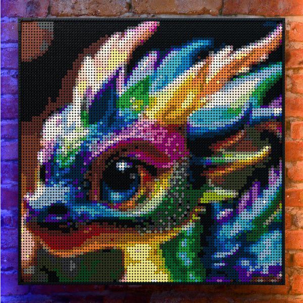 Baby Dragon made out of 9,700 LEGO-Compatible bricks on a real red-brick wall background with good lighting.