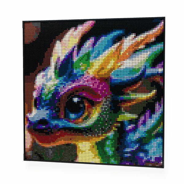 Baby Dragon made out of 9,700 LEGO-Compatible bricks on a white clean background.