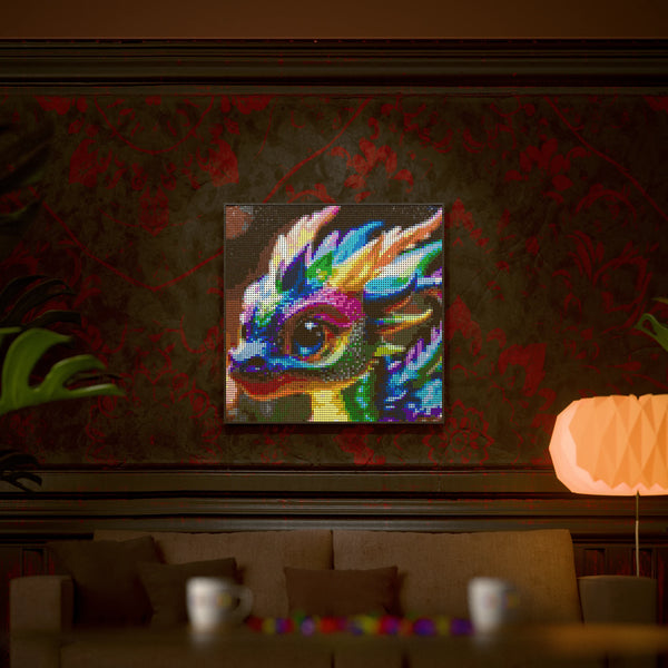 Baby Dragon made out of 9,700 LEGO-Compatible bricks on a luxurious home background.