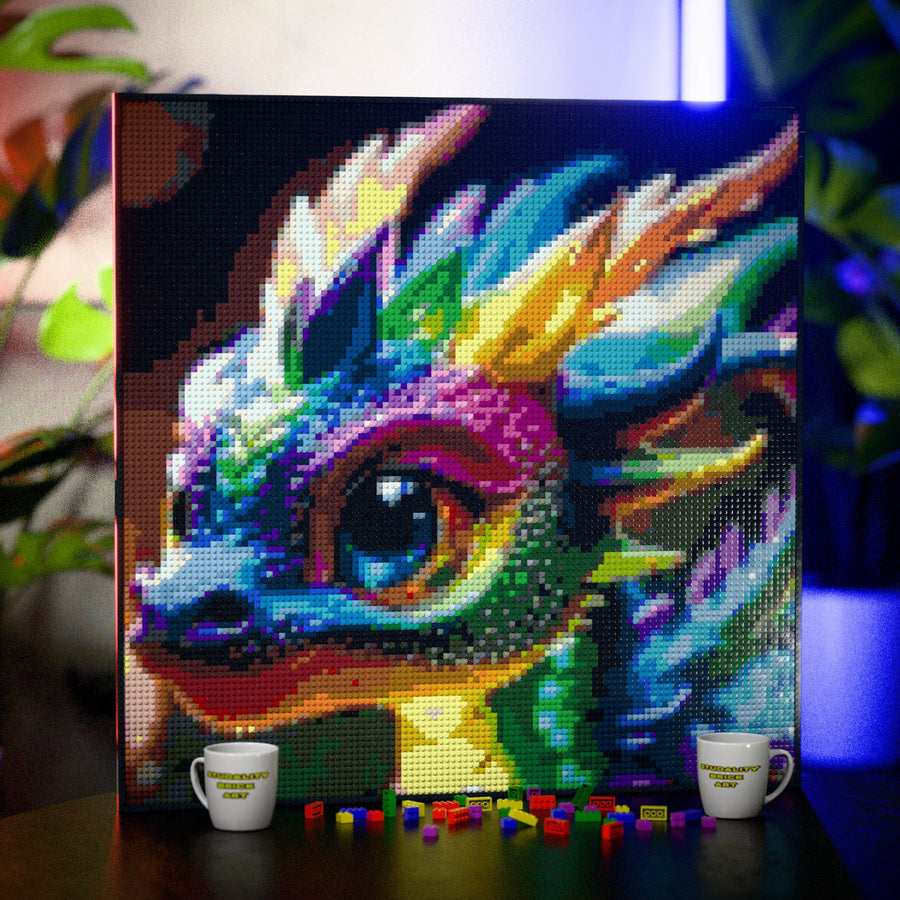 Baby Dragon made out of 13,153 LEGO-Compatible bricks on a table with stylish luxury studio background, built with 1x1 square plates.